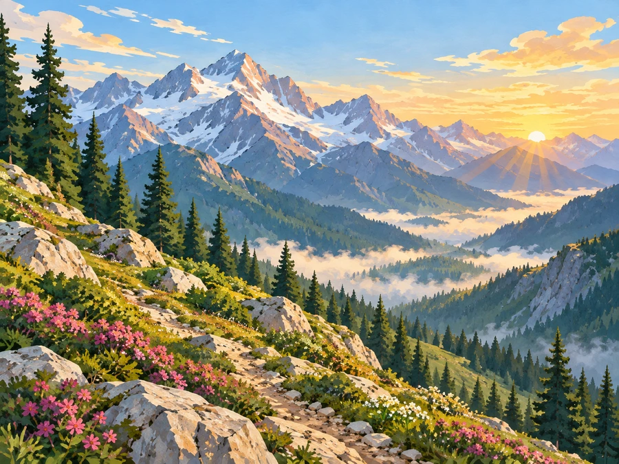 Alpine Sunrise — finished reference painting