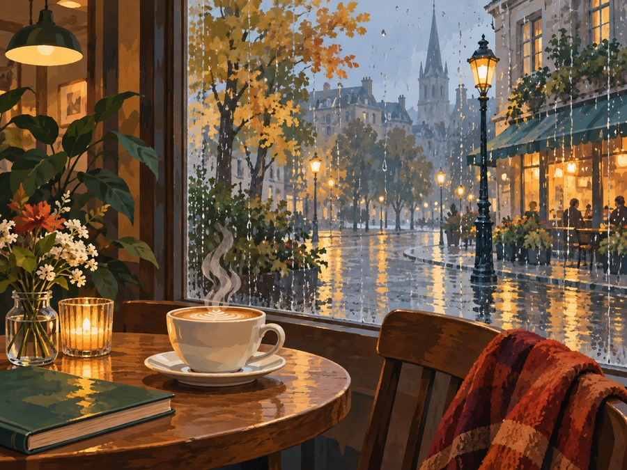 Warm Café Window — finished reference painting