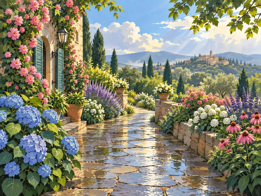 Garden After Rain — finished reference painting