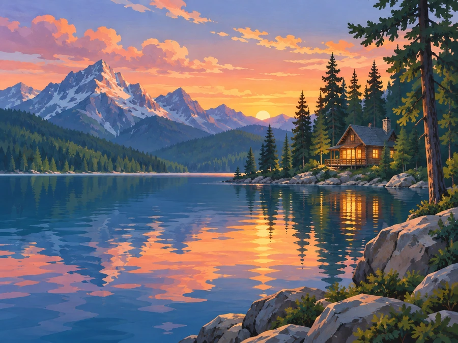 Quiet Lake Cabin — finished reference painting