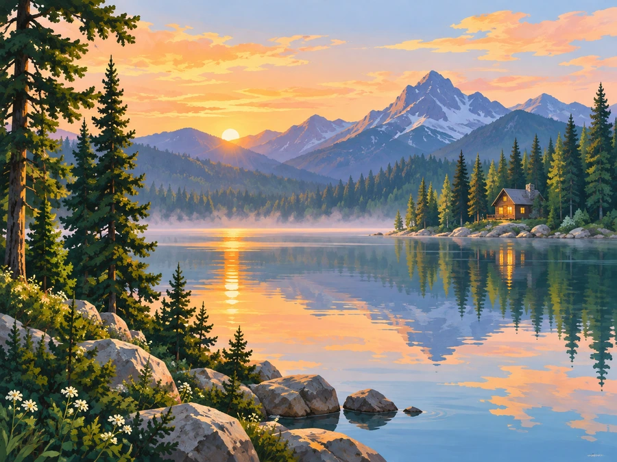 Dawn at the Lake — finished reference painting