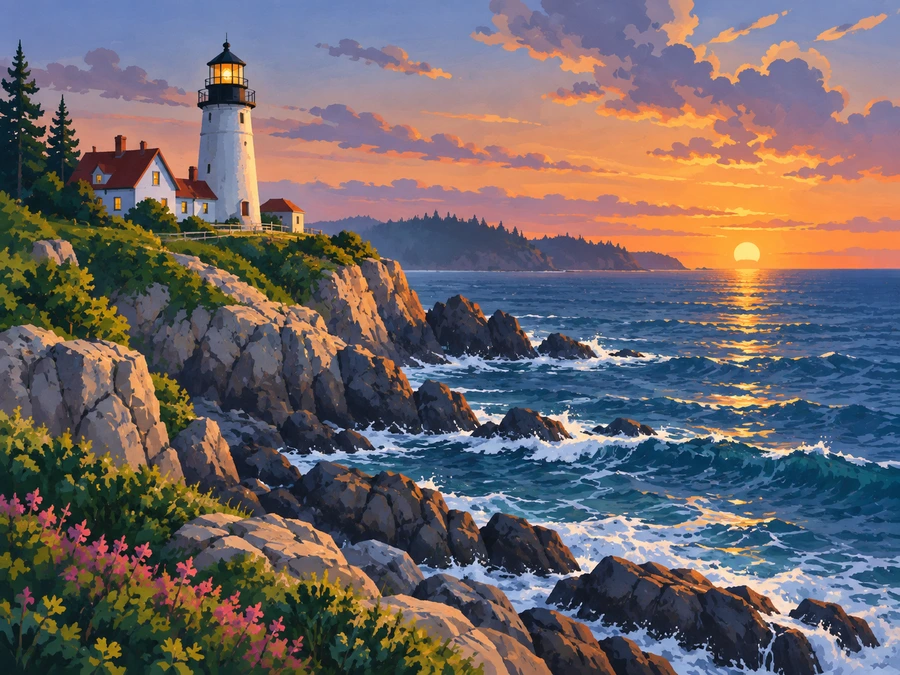 Lighthouse at Dusk — finished reference painting