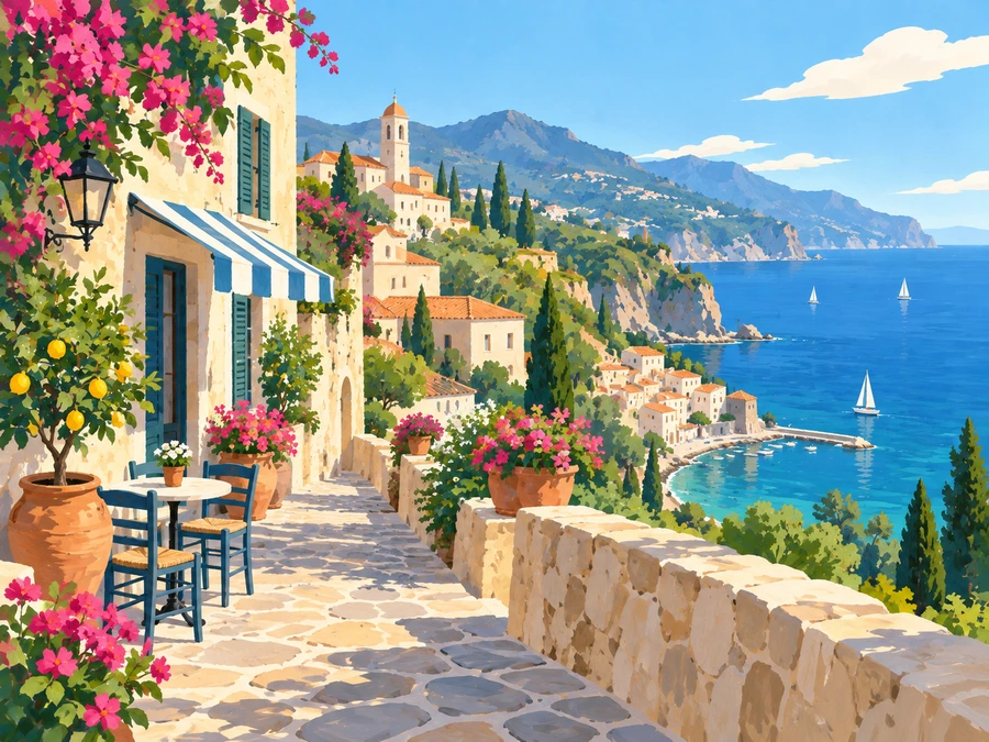 Mediterranean Village — finished reference painting