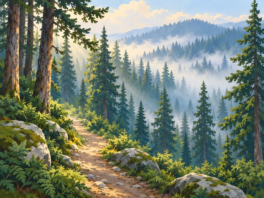 Misty Pine Forest — finished reference painting