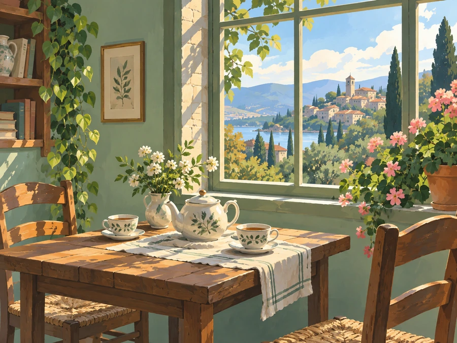 Quiet Tea Room — finished reference painting