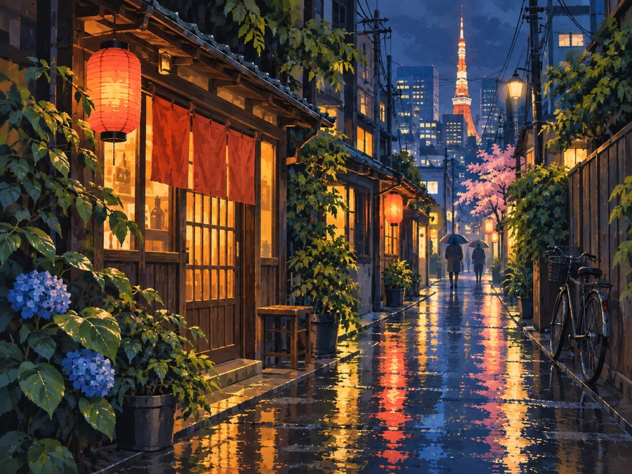 Rainy Tokyo Alley — finished reference painting
