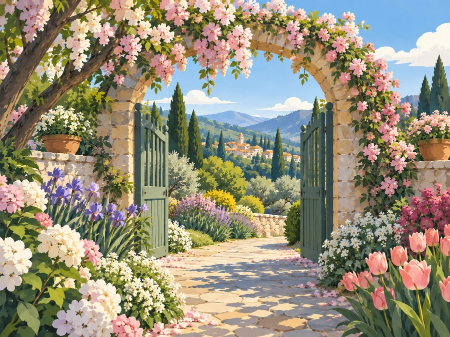 Spring Garden Gate — finished reference painting